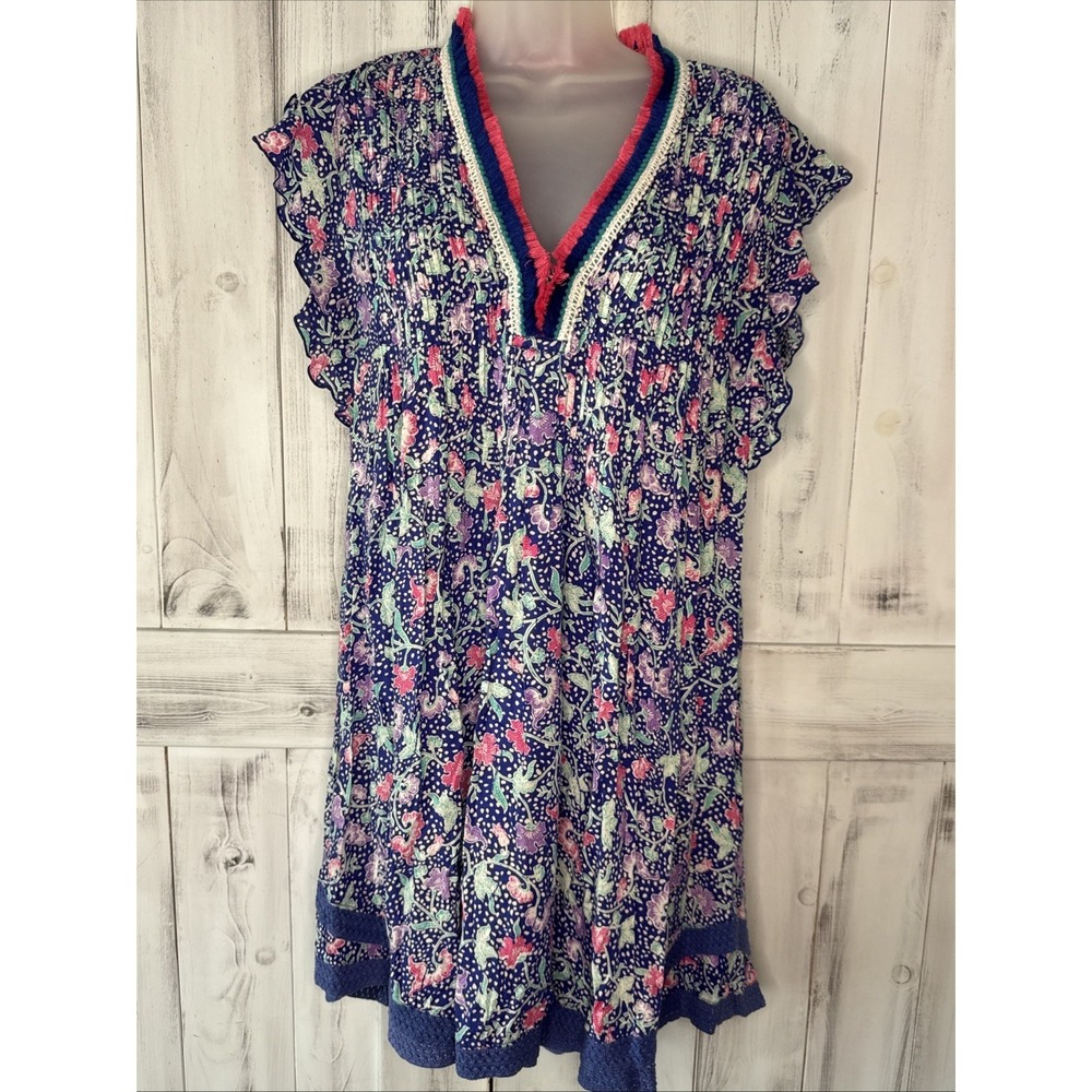 POUPETTE ST BARTH SASHA MINI DRESS SIZE LARGE BLUE PINK FLORAL FLUTTER SLEEVE